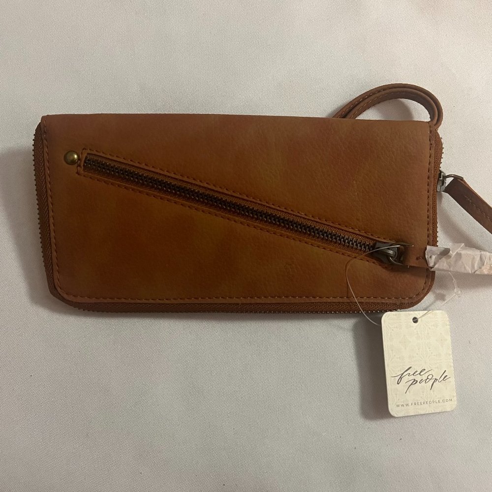 Free People Wallet Brown Distressed Vegan Wristlet Strap Zip Closer Clutch